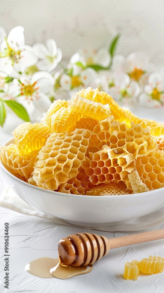 Fresh honeycomb in bowl with honey and dipper. Fresh honeycomb in bowl with honey and dipper.