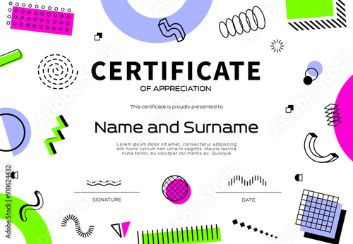 Certificate of appreciation template, abstract geometric memphis shapes. Vector diploma, trophy frame with geometric figures, elements, vibrant colors, place for recipient name, date and signature