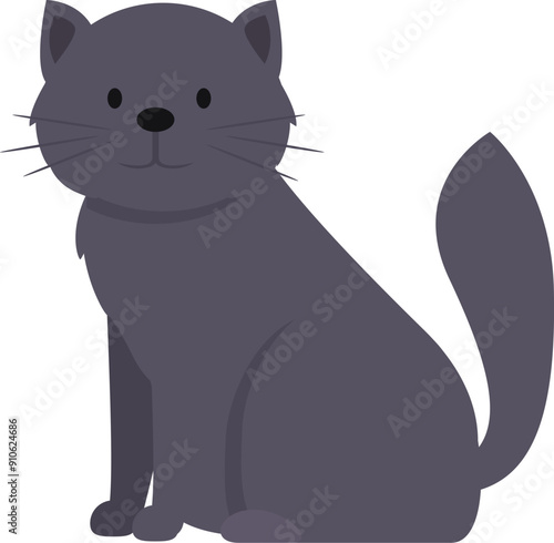 Cartoon illustration of a grey cat sitting calmly with its tail raised