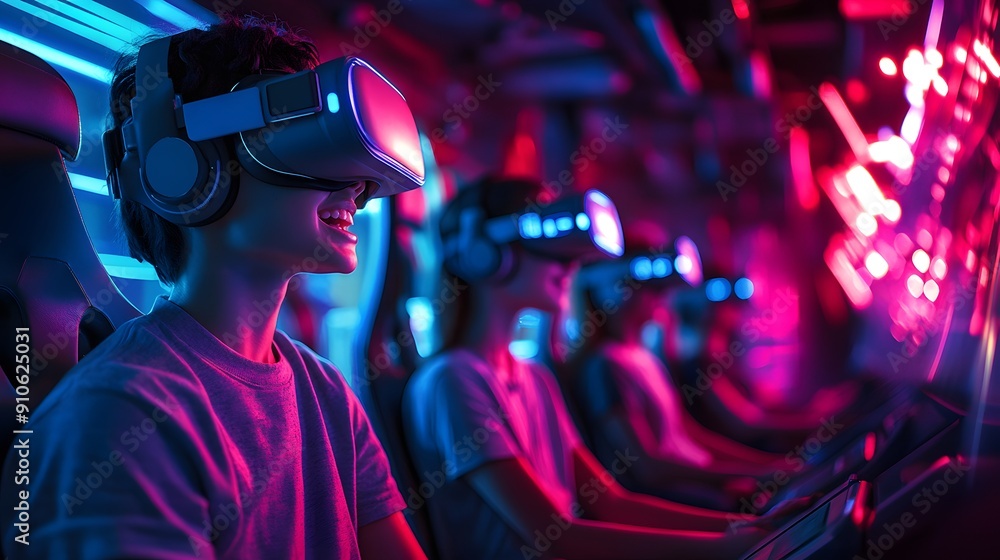 Futuristic VR Theme Park. High-tech amusement park with virtual reality rides and AI integration Futuristic VR Theme Park. High-tech amusement park with virtual reality rides and AI integration