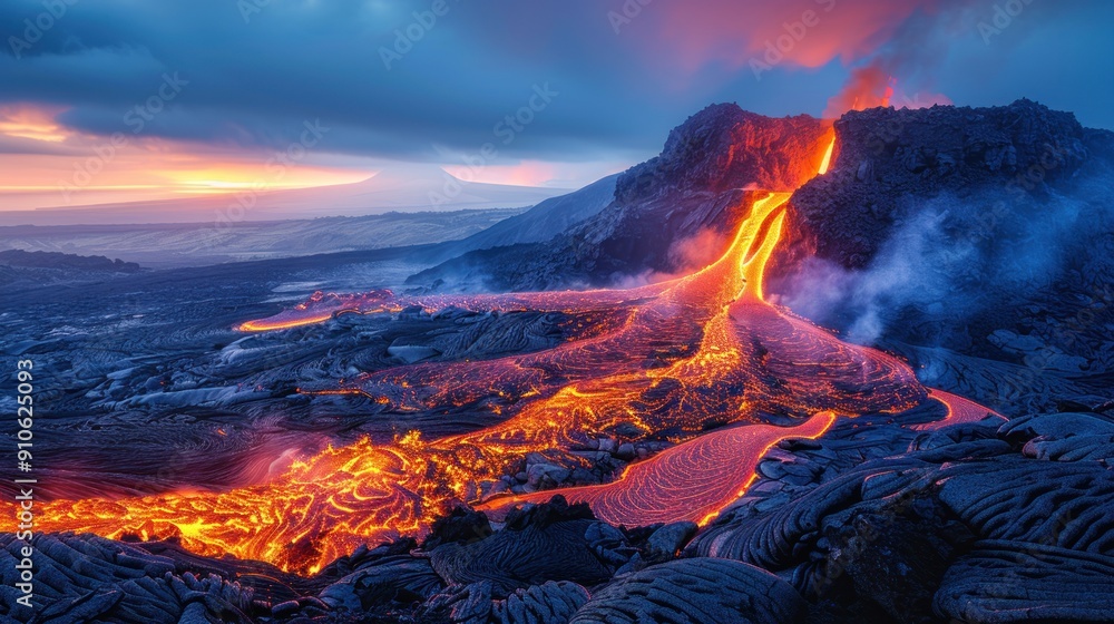 Lava Flowing Down a Volcano at Sunset Lava Flowing Down a Volcano at Sunset