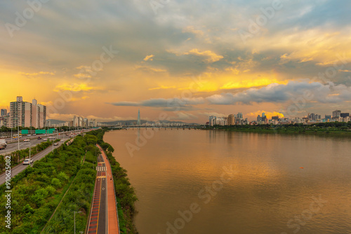 Sunset Seoul City Han river South Korea