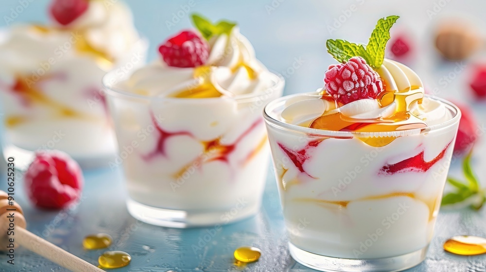 Delicious raspberry yogurt parfaits with honey and fresh mint, served in glass cups. Perfect for a healthy breakfast or dessert option. Delicious raspberry yogurt parfaits with honey and fresh mint, served in glass cups. Perfect for a healthy breakfast or dessert option.