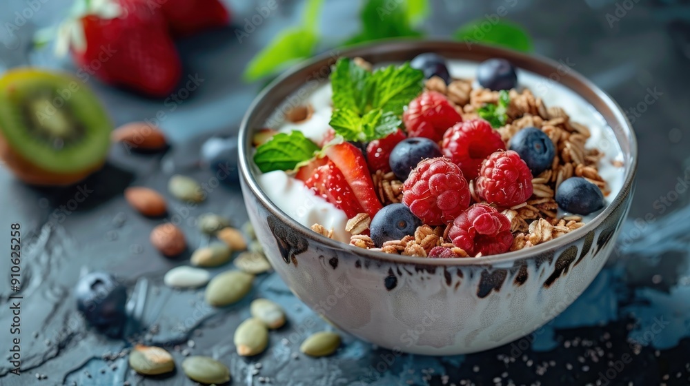 Bowl of granola with yogurt and fresh berries on a texture table. Bowl of granola with yogurt and fresh berries on a texture table.