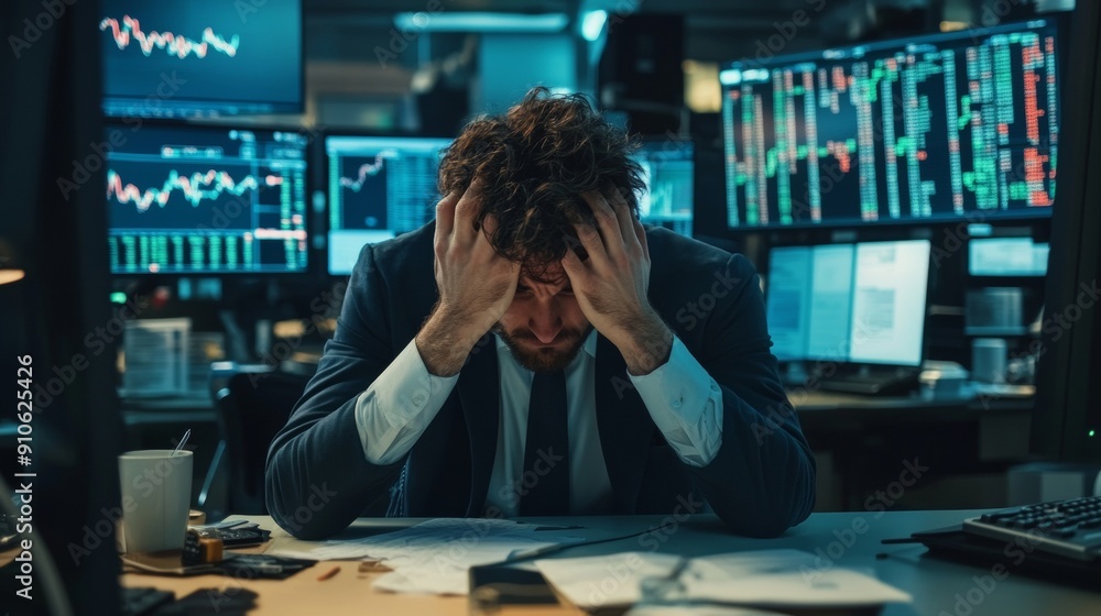 MAN IN SUIT stressed watching a screen with negative and red Bollinger bands. concept, financial crisis, black monday MAN IN SUIT stressed watching a screen with negative and red Bollinger bands. concept, financial crisis, black monday