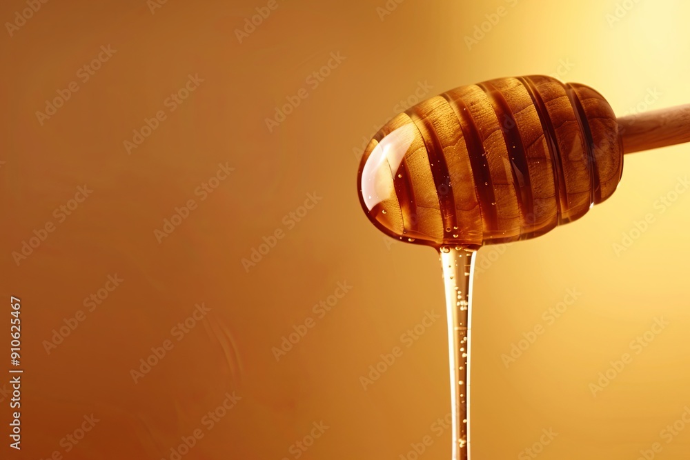 Golden honey dripping from a wooden dipper. Golden honey dripping from a wooden dipper.