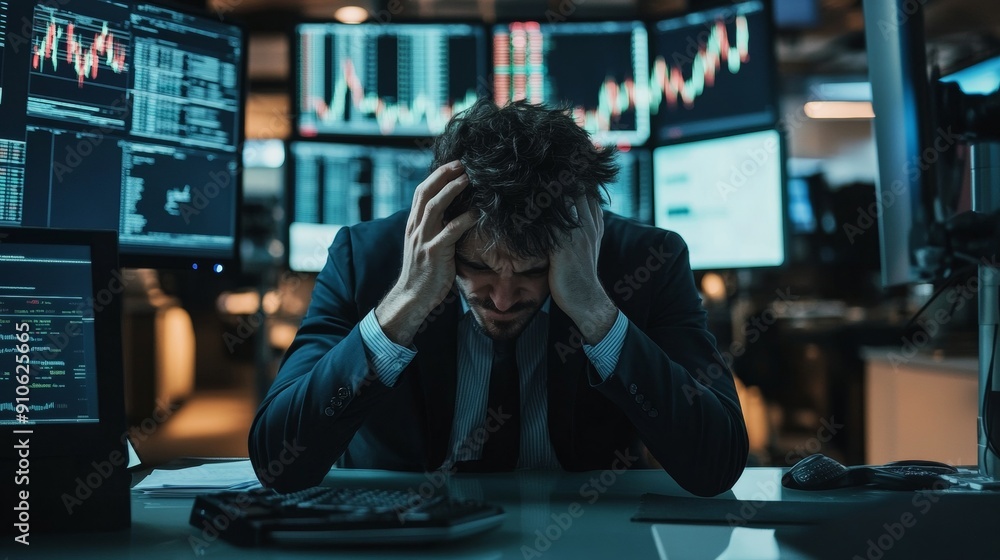 MAN IN SUIT stressed watching a screen with negative and red Bollinger bands. concept, financial crisis, black monday MAN IN SUIT stressed watching a screen with negative and red Bollinger bands. concept, financial crisis, black monday