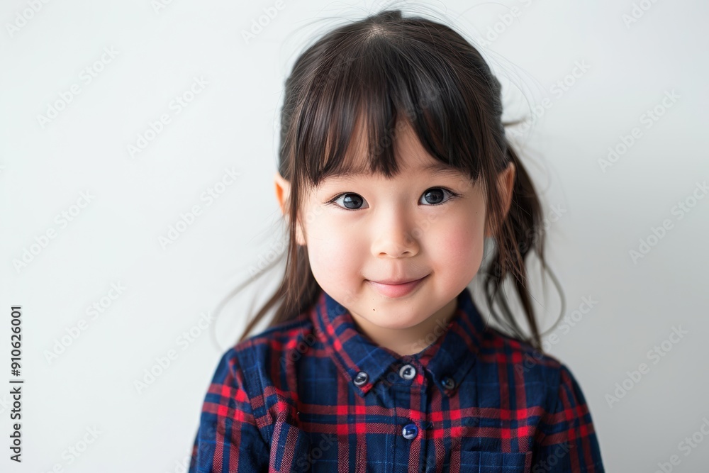 A smiling young girl with pigtails and a plaid jacket stands against a plain background. Her bright eyes and happy expression convey a sense of joy and charm. A smiling young girl with pigtails and a plaid jacket stands against a plain background. Her bright eyes and happy expression convey a sense of joy and charm.