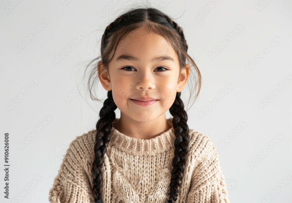 A smiling young girl with long braids and a yellow sweater stands against a plain background. Her bright eyes and happy expression convey a sense of joy and charm. A smiling young girl with long braids and a yellow sweater stands against a plain background. Her bright eyes and happy expression convey a sense of joy and charm.