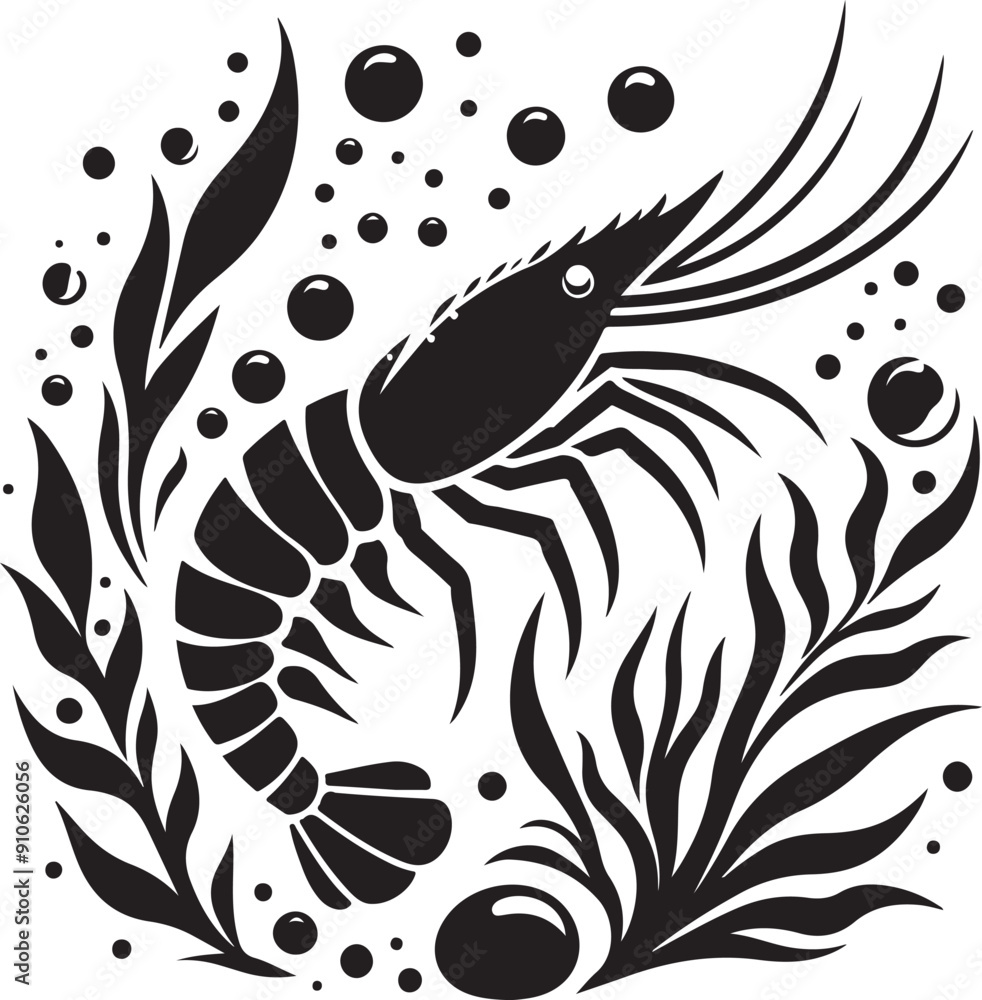 Obraz premium shrimp with plants and bubbles on a white background