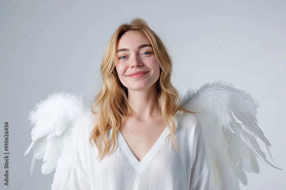 young caucasian blonde woman dressed in a pure white angel costume with feathered wings, exuding joy and elegance. Her bright smile and peaceful demeanor. young caucasian blonde woman dressed in a pure white angel costume with feathered wings, exuding joy and elegance. Her bright smile and peaceful demeanor.