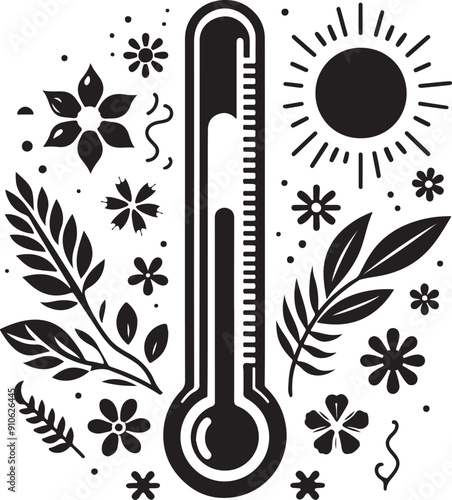 thermometer silhouette with flowers and leaves on a white background