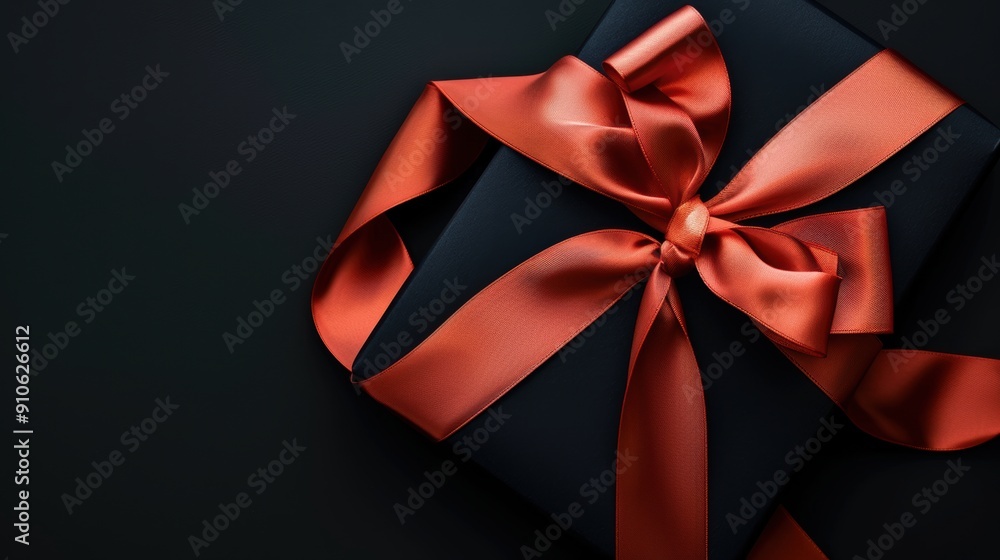 A gift adorned with a vibrant satin ribbon, creating a bow on the top corner. black background A gift adorned with a vibrant satin ribbon, creating a bow on the top corner. black background
