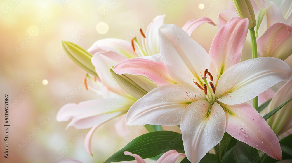Fototapeta premium Rich white and pink lilies with vibrant hues, glowing softly in the warm afternoon light
