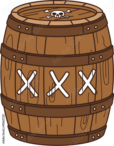Cartoon groovy pirate and corsair wooden barrel. Isolated vector rustic, wood, cylindrical cask, bound by metal hoops. Pub or bar brewery item for storing rum, gunpowder, gold, beer, wine or provision