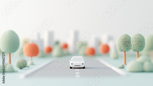 Fototapeta Naklejka Na Ścianę i Meble -  Stylized minimalist city road with white car surrounded by trees and buildings, 3d illustration.