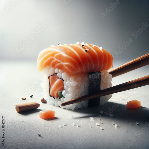 Dramatic shoot of tasty japan food Salmon Sushi with chopsticks photo