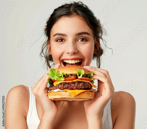 Cheerful woman hamburger fast food ration food snack