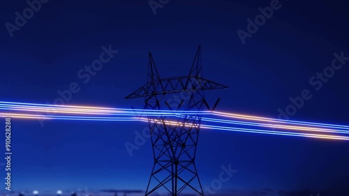 High voltage electric transmission tower with glowing current line, electrical power transmit through wire to city and house at night, Renewable green energy grid infrastructure concept 3d rendering 