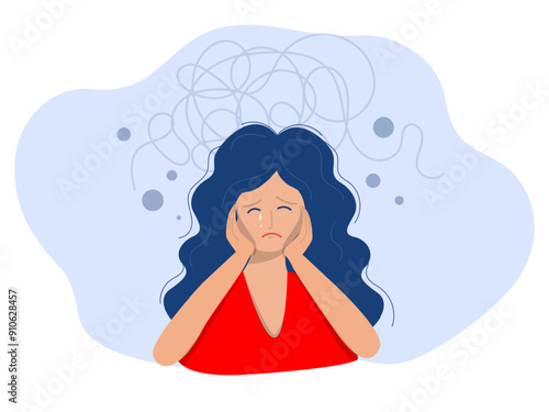 Apathy and depression is a concept,woman who suffers from mental health diseases,
Girl surrounded by symptoms of depression disorder: anxiety, crisis, tears, exhaustion, Flat illustration vector