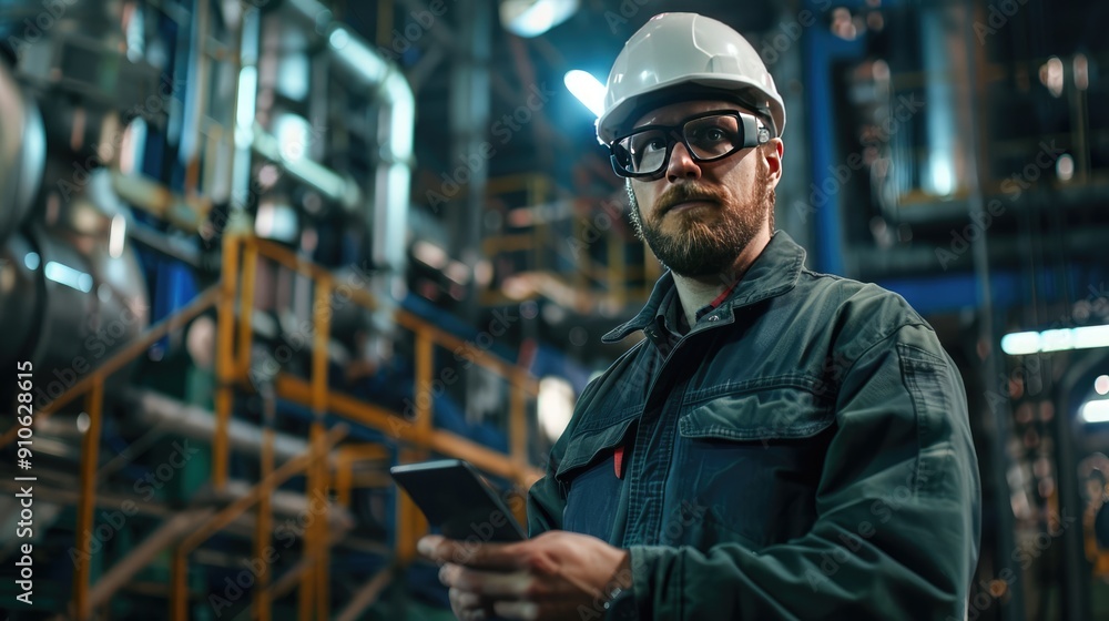Industrial worker in a hard hat and safety glasses using a smartphone Industrial worker in a hard hat and safety glasses using a smartphone
