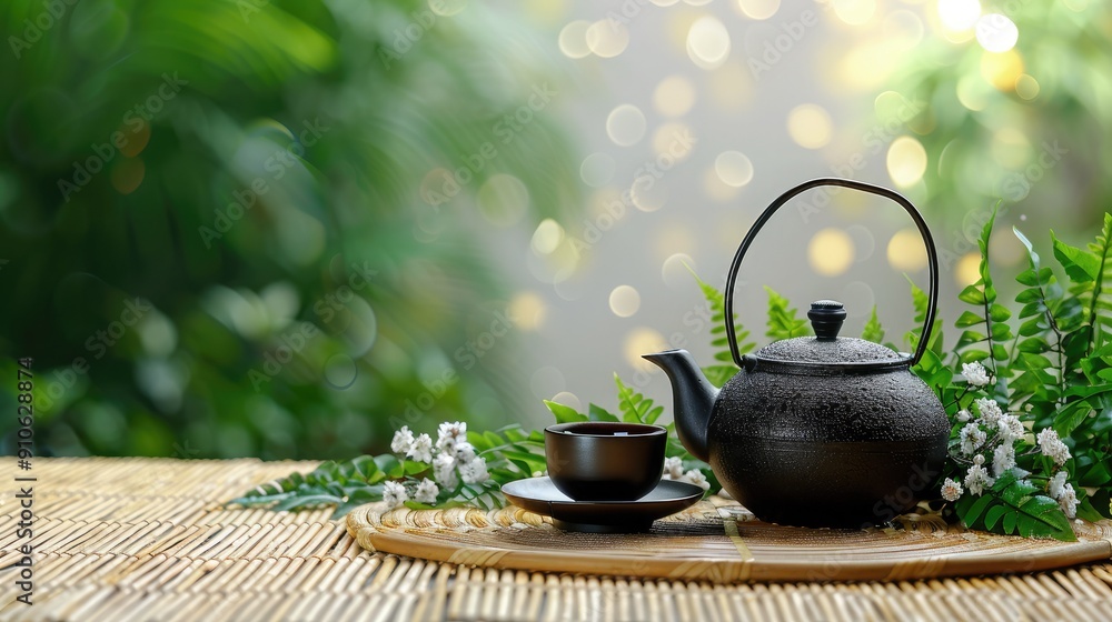 Close-up of a traditional black teapot and teacup on a bamboo mat, surrounded by green foliage, creating a serene and peaceful atmosphere. Close-up of a traditional black teapot and teacup on a bamboo mat, surrounded by green foliage, creating a serene and peaceful atmosphere.