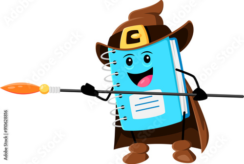 Cartoon Halloween school notebook mage, wizard and witch character. Isolated vector warlock personage in pointed hat and robe, holding magical staff, ready for a spellbinding educational adventures