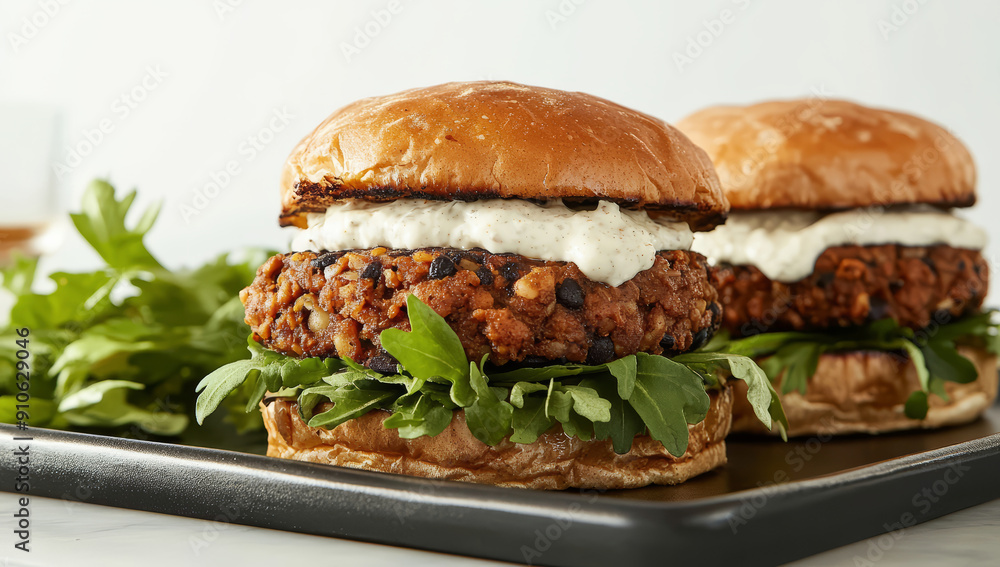 Homemade black bean veggie burger arranged on a sleek black tray Homemade black bean veggie burger arranged on a sleek black tray