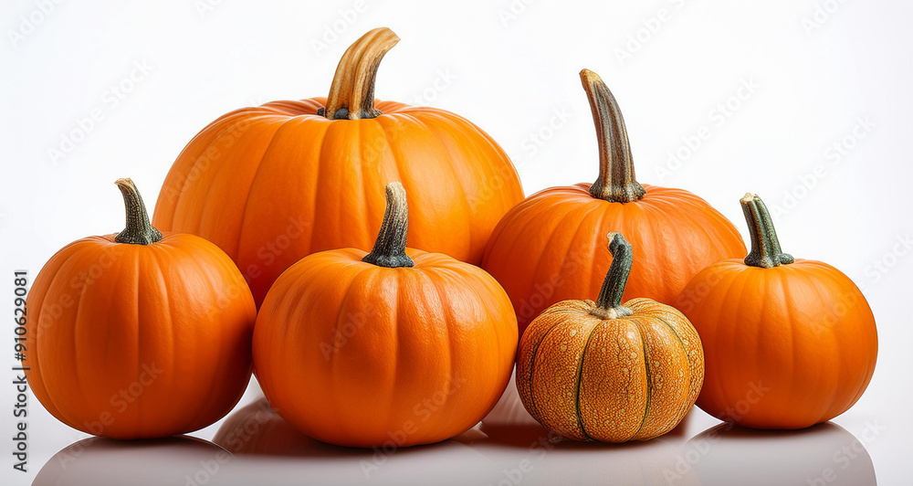 A group of various-sized pumpkins with rich orange hues, isolated on a white background, showcasing their smooth textures and unique shapes, studio lighting, lanscape, photography. A group of various-sized pumpkins with rich orange hues, isolated on a white background, showcasing their smooth textures and unique shapes, studio lighting, lanscape, photography.