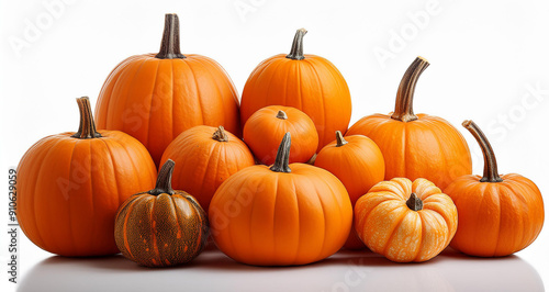 Various-sized pumpkins with rich orange hues, isolated on a white background, showcasing their smooth textures and unique shapes, studio lighting, lanscape, photography.