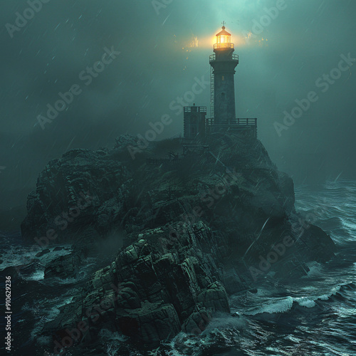 Eerie Lighthouse Illuminates Stormy Seas on a Dark Night photo