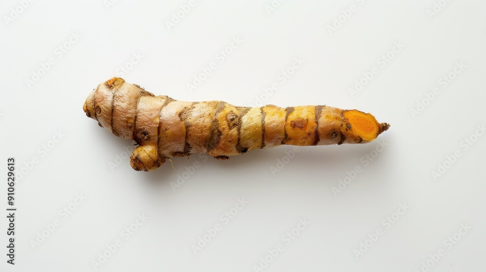 Turmeric root, single fresh turmeric, isolated on white background, close-up view, healthy ingredient for cooking and medicine concept Turmeric root, single fresh turmeric, isolated on white background, close-up view, healthy ingredient for cooking and medicine concept