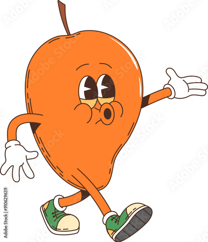 Cartoon groovy mango retro character. Isolated vector lively, anthropomorphic mango tropical fruit personage dances or walks, dressed in sneakers and gloves, exuding a playful and cheerful vibes