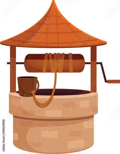 Cartoon style vector illustration of an old stone water well with wooden roof and bucket hanging on rope