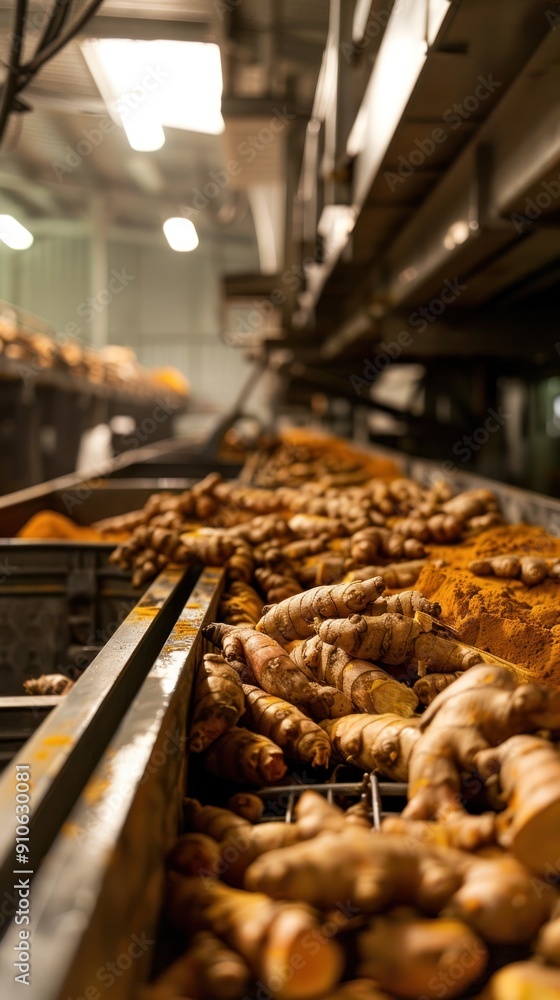 Turmeric harvest process, fresh, roots, production, factory, conveyor belt, food industry, spices, agricultural, turmeric root harvest concept Turmeric harvest process, fresh, roots, production, factory, conveyor belt, food industry, spices, agricultural, turmeric root harvest concept