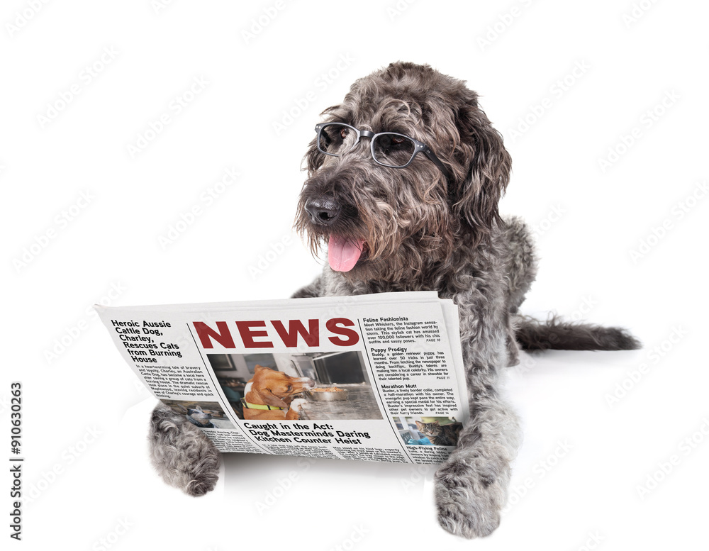 custom made wallpaper toronto digitalSmart dog with newspaper wearing glasses. Relaxed large puppy dog reading pet themed mockup news journal. Funny keeping up to date and intelligent pets. Gray female Labradoodle. Selective focus.