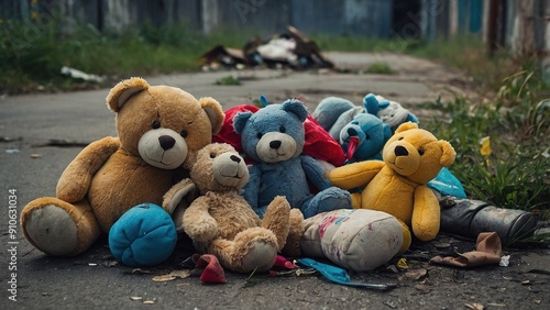 Old and battered soft toys lie on the street. The dump of the abandoned toys