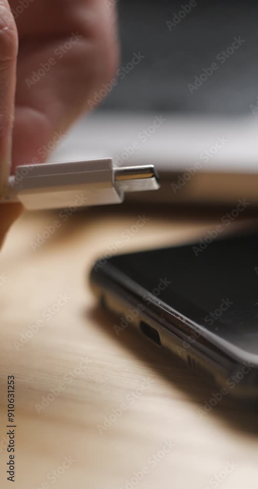 USB-C cable macro plugin to smartphone slow motion, vertical view USB-C cable macro plugin to smartphone slow motion, vertical view