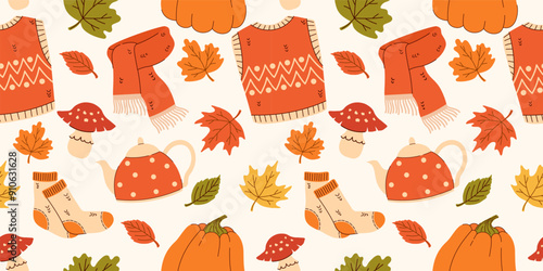Seamless pattern with autumn elements on a light background. Scarf, sweater, socks, teapot, pumpkin, vest, leaves. Flat vector illustration.