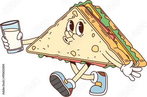 Cartoon sandwich retro groovy breakfast character walking with a glass of milk in hand and smiling. Isolated vector triangular sandwich bread with vegetable fillings, cheerful and animated personage