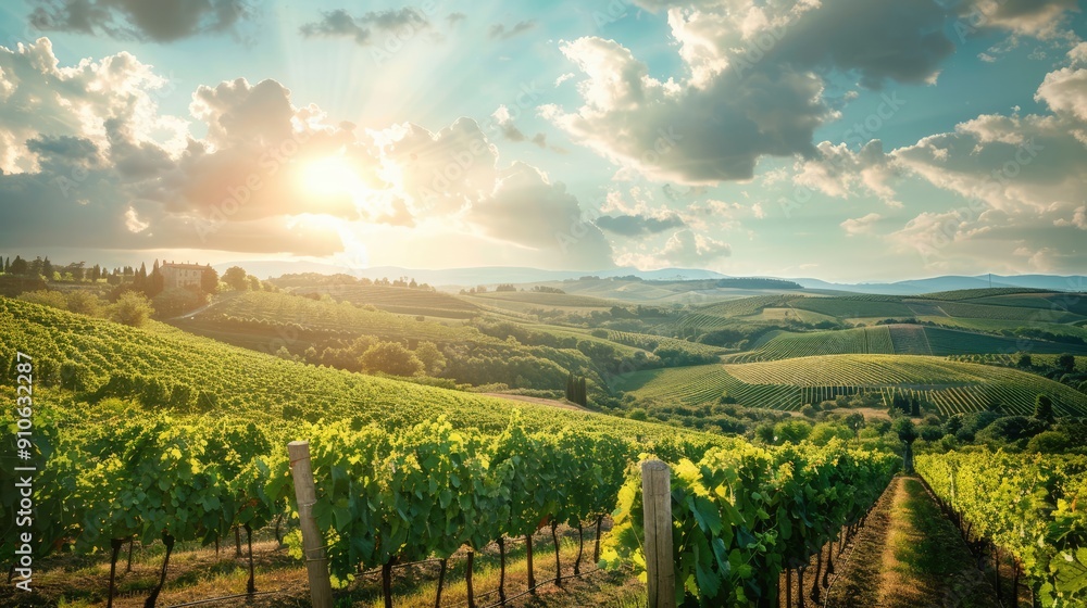 Fototapeta premium Vineyard Landscape with Rolling Hills and a Sunny Sky