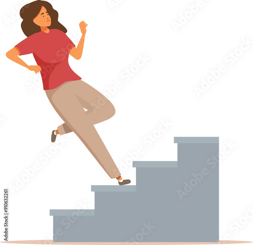 Young woman is falling down the stairs and is about to have an accident