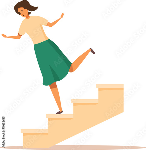 Young woman is losing her balance while walking up the stairs