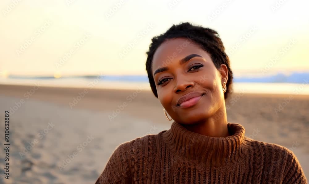 Lifestyle portrait video of a tender Nigerian woman in her 40s wearing a cozy sweater against a beach background Lifestyle portrait video of a tender Nigerian woman in her 40s wearing a cozy sweater against a beach background