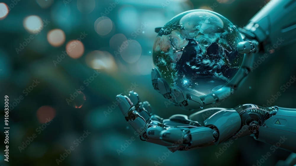 Robot holding globe symbolizing global business and travel in modern age concept Robot holding globe symbolizing global business and travel in modern age concept