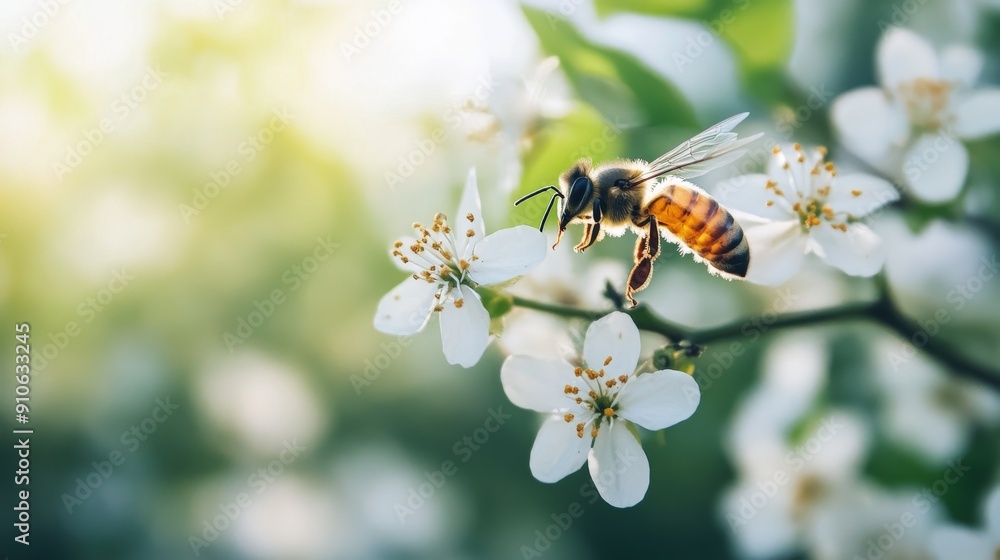 Golden Hour Nectar: A honeybee gathers pollen from delicate white blossoms in the warm glow of sunrise, embodying the beauty and industry of nature. Golden Hour Nectar: A honeybee gathers pollen from delicate white blossoms in the warm glow of sunrise, embodying the beauty and industry of nature.