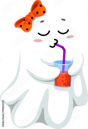 Cartoon kawaii Halloween ghost character sipping juice with a straw, wearing a cute bow. Isolated vector fun and playful spook girl personage enjoying refreshing cocktail during festive party night