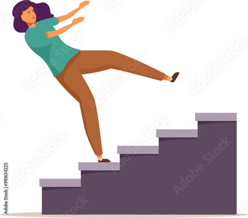 Young woman is falling down the stairs after slipping