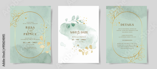 Elegant watercolor and leaves on wedding invitation card template