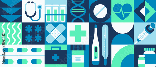 Abstract medical banner. Geometric pattern or mosaic tile related to medicine and pharmacy. Poster with medicines, pills, first aid kit and injection syringe. Health Care. Flat vector illustration
